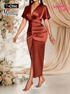 elegant summer women's solid color dress with deep v neck, short sleeves, high waist, fitted design, perfect for parties & date nights