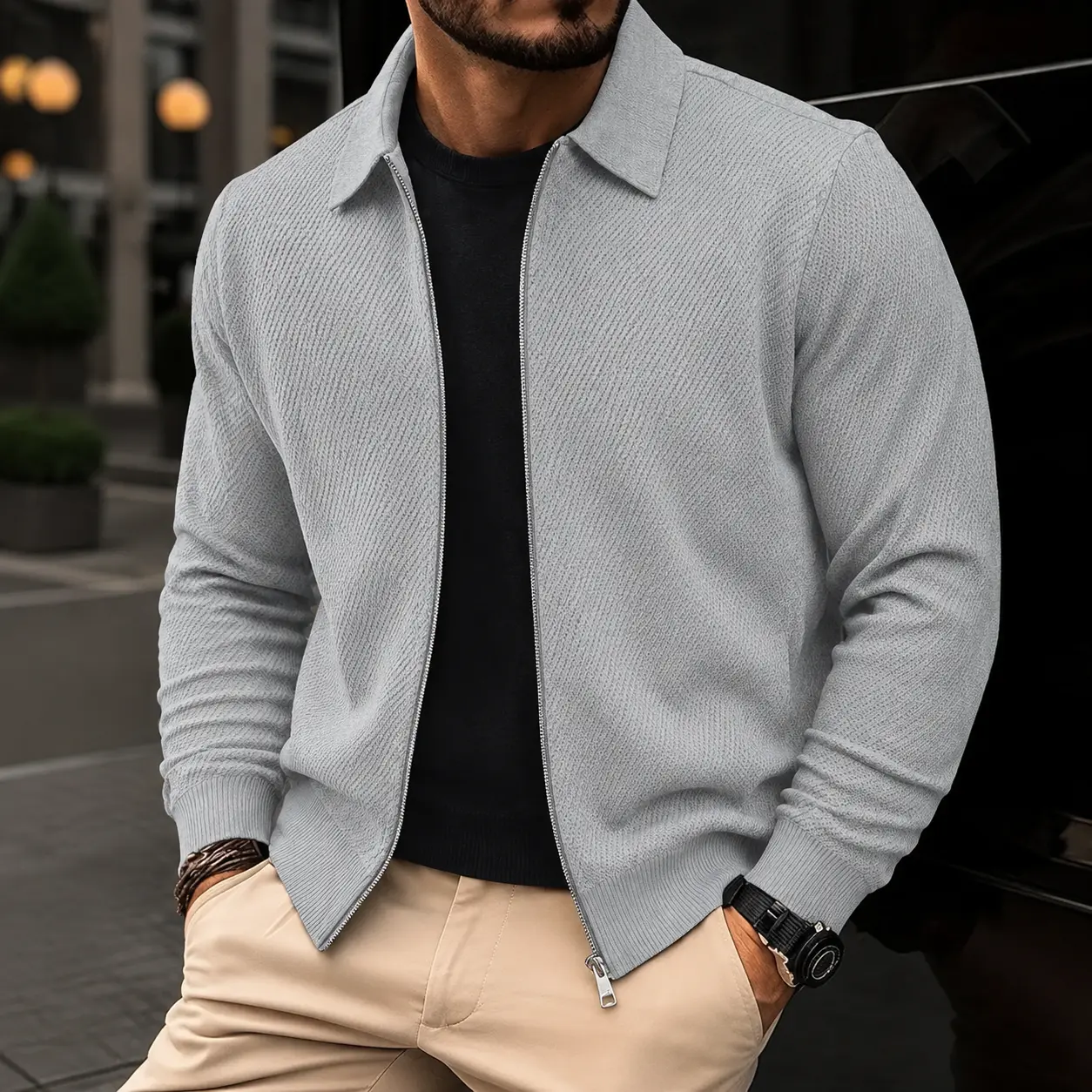 Men's Collared Cardigan in a Lightweight Waffle Knit, Full-Zip Minimalist Outerwear for Fall and Winter Office Use, Lightweight Waffle Knit Men's Pullover, Longsleeves, Cotton, Soft Waffle Texture