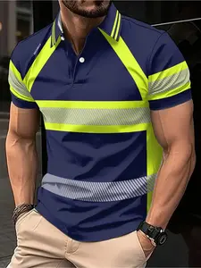 Printed short-sleeved polo shirt - Color-matching design, available in orange red and neon green, with a collar, machine washable, lightweight and breathable, durable fabric shirt, outdoor shirt, bold print design, durable material