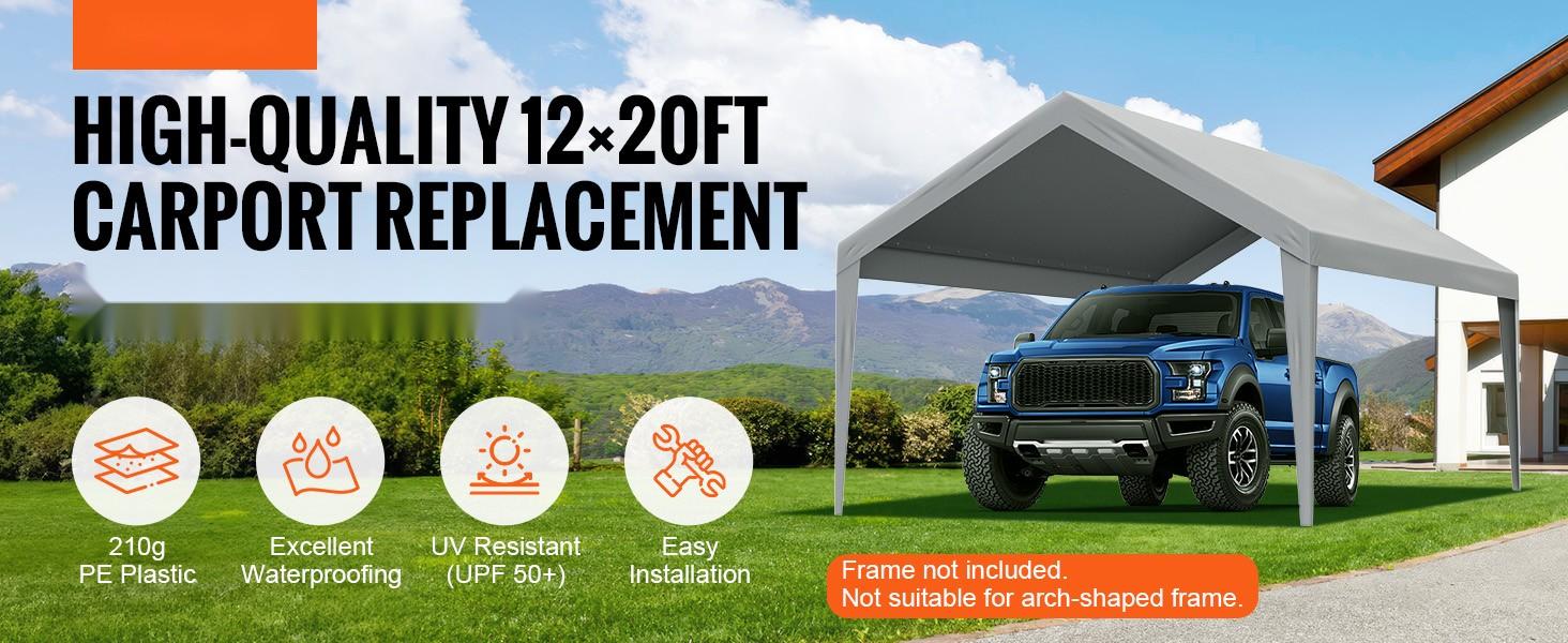 Carport Replacement Canopy Cover 12x20 ft for Outdoor Garage Shelter, Heavy-Duty Waterproof and UV Protected Top Tarp, Easy Install with Ball Bungees, Grey Color, All-Weather Durable Roof Cover, Only Top Cover, Frame Not Included