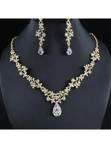 Gold synthetic zircon jewellery set bridal wedding necklace and earrings two-piece set banquet evening dress accessories with tassel design