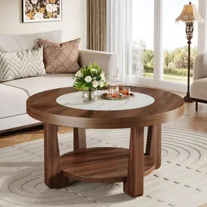 TRIBEWOOD Coffee Table, 2-Tier Round Coffee Table with Heavy-Duty Wood Tabletop for Living Room, Industrial Circle Wood Accent Center Table with Storage