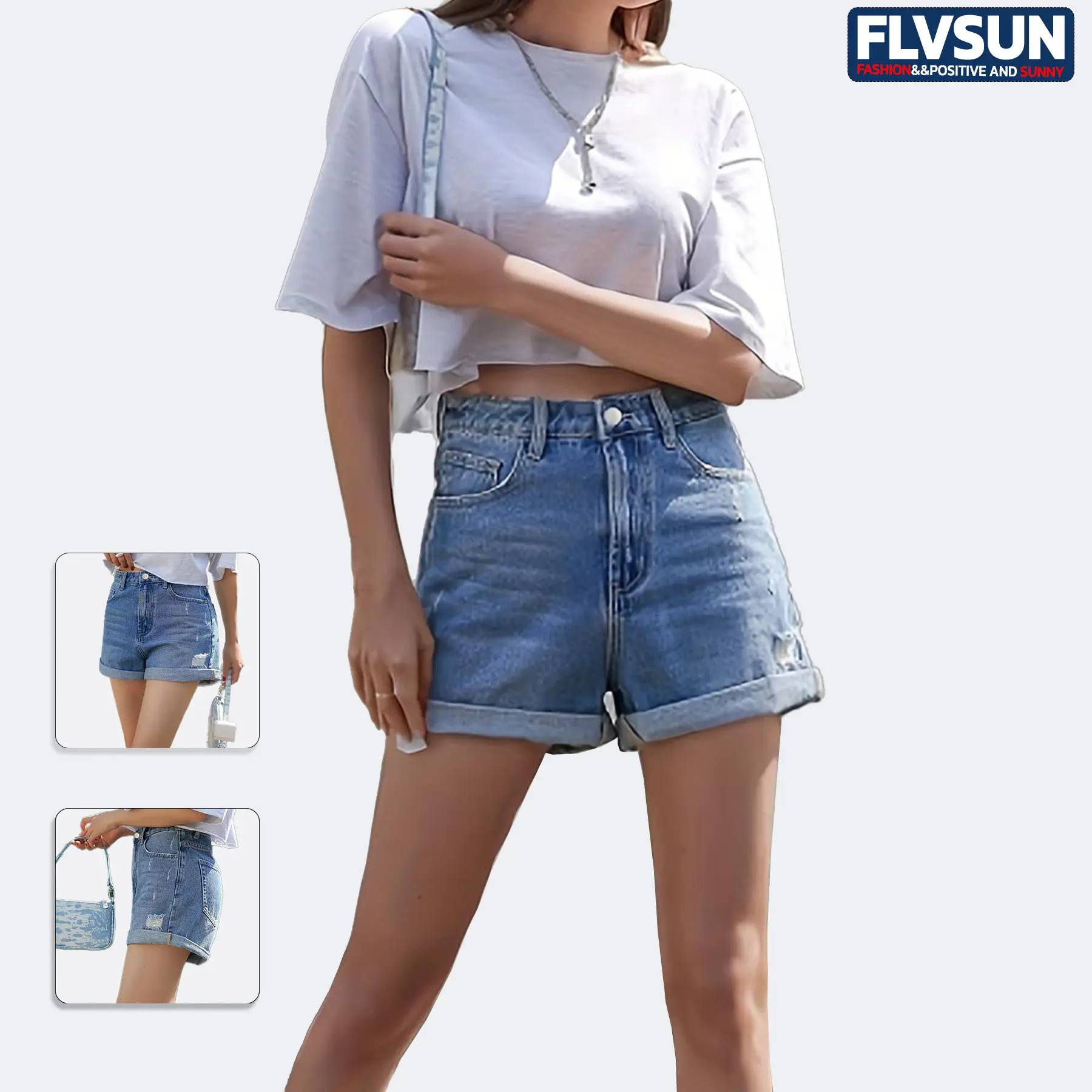Flvsun Women's Mid-Waist Fitted Denim Jean Shorts - Minimalist Basic Stretch Bottoms, Streetwear Distressed Pocketed Jorts, Casual Comfy Folded Hem Buttoned Shorts, Casual Comfy Shorts