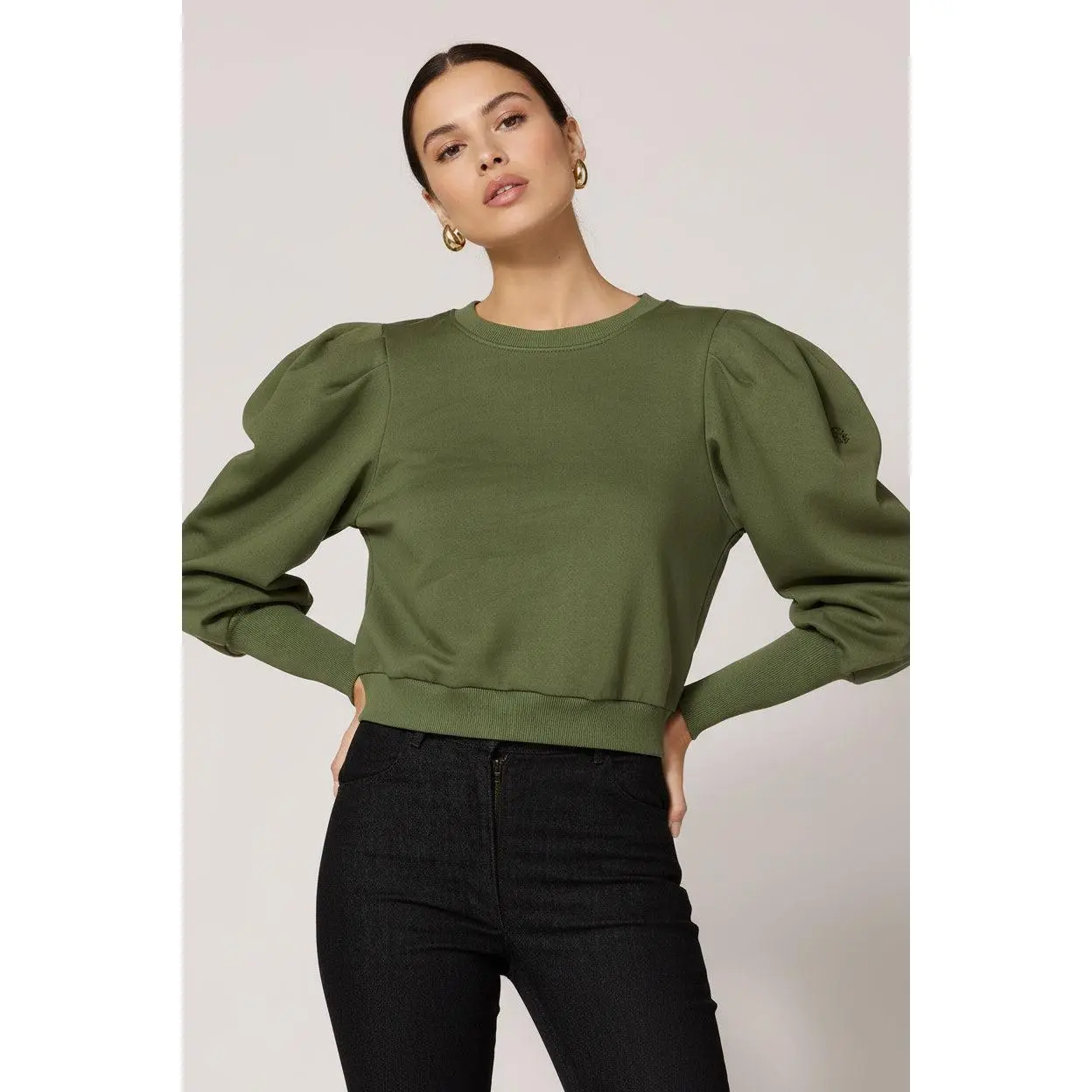 Women's Feminine Casual Longsleeves Pullover Sweatshirt - Relaxed Fit, Comfy Tops with Chic Twist Knot Hem, Puff Sleeves Clothes