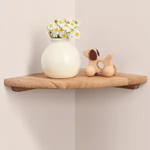 Corner Floating Shelf 7inch Solid Oak Wood Floating Corner Shelf with Wire Hole Corner Wall Mount Storage Display Shelves for Living Room Bedroom Bathroom Kitchen