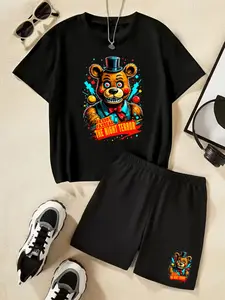Five Nights At Freddy's Freddy Fazbear Printed Children's Short-Sleeved Set Summer Casual, Comfortable, Fashionable, Everyday, Outdoor Versatile T-Shirt And Shorts Set, Ideal Gift Choice