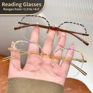 Unisex Frameless Hexagonal Glasses,+1.0 to +4.0 Strength, Clear Transparent Retro Floral Design, PC Material, Single Item