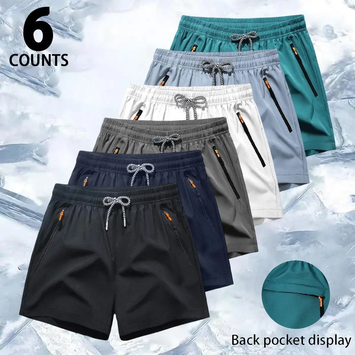 Men's 5-Pack Dry-Fit Elastic Pullstring Shorts, Lightweight Breathable Fabric, Zipper Pockets (Multipocket Pocketed Style) for Gym, Running, Casual Wear, Dry-Fit Men's Shorts, Elastic Men's Shorts