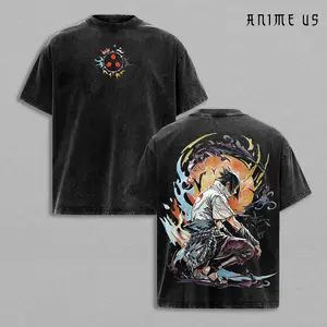 Uchiha Sasuke Graphic T-Shirt, Lightning Chidori Warrior Streetwear, Acid Wash Vintage Anime Tee, Energy Aura Back Print Shirt, Manga Ninja Style