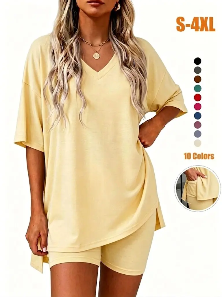 V-Neck Two-Piece Set For Women Summer Casual Oversized Split Hem Shirts & Side Pocket Biker Shorts Minimalist Lounge Wear Soft Viscose Fabric Comfy Homewear Cozy Pjs#Summervibes#SwimWeek