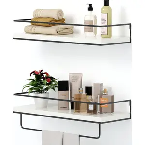 White Floating Shelves - Set of 2, Wall Mounted Hanging Shelves with Black Towel Rack, Decorative Storage Shelves for Bathroom, Kitchen, Living Room & Bedroom (Modern White)