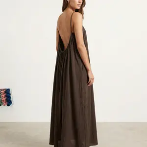 Women's Solid Color Cami Lounge Dress Elegant Sleeveless Long Dress for Summer Ladies Sleepwear Indoor Wear Ultra Soft Cozy Material Backless Tie Back Ruched Spaghetti Strap Casual Loose Fit Swing Cami Dress Womenswear Coordinate Loungewear Sundress