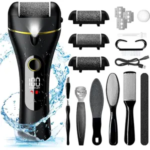 Electric Foot Callus Remover, 16 in 1 Rechargeable Pedicure Kit, Waterproof Scrubber Dead Skin Removal Tool with 3 Rollers & 2 Speeds for Feet Care, Battery Display - Black