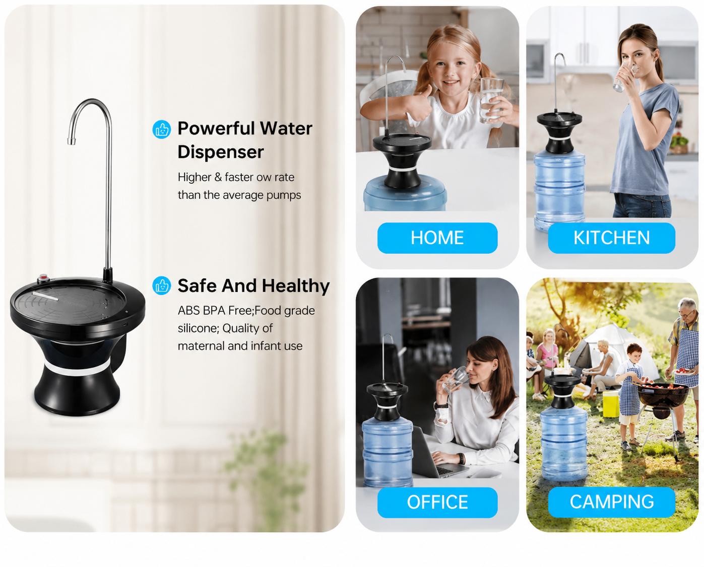 Water Dispenser for 5 Gallon Bottle, Rechargeable USB Water Pump with Automatic & Manual Dispensing Modes, Fits 2-5 Gallon Bottles, Bottle & Countertop Use, Large Tray, Stainless Steel Spout, BPA-Free Silicone Tube for Home, Office & Camping