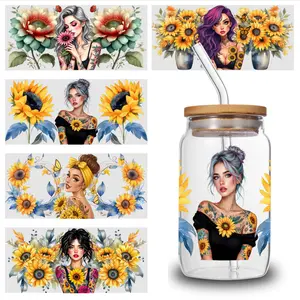 5 Sheets Sunflower Girl UV DTF Stickers Themed UV DTF Transfer Paper - Waterproof & Scratch Resistant, 3D Crystal Clear Decals for Glass Cups, Mugs, Laptops, Refrigerators
