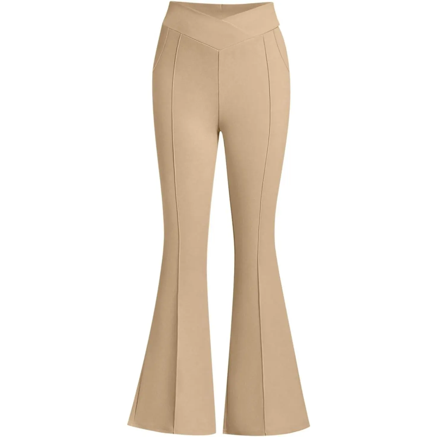 Kid Size Girls' Pocketed High-Waisted Casual Pants - 6-15 Yrs Full-Length Flared Bell Bottoms with Front Seams, Athletic Leggings for School Wear, Uniform Look