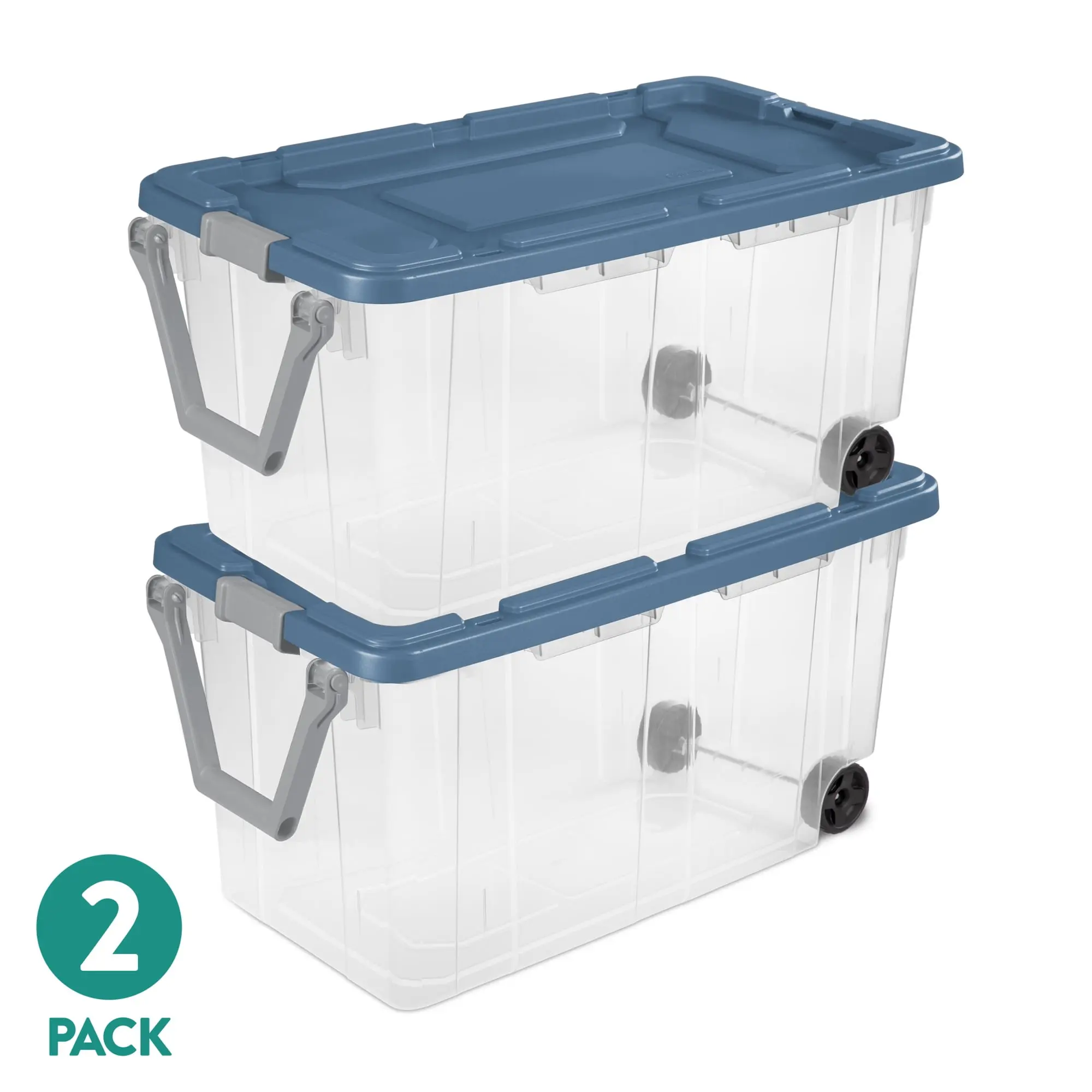 Sterilite Extra-Large Wheeled Rugged Storage Bin, 160 Quart Durable Clear Storage Container with Latching Lid and Pull Handle, Blue, 2 Pack