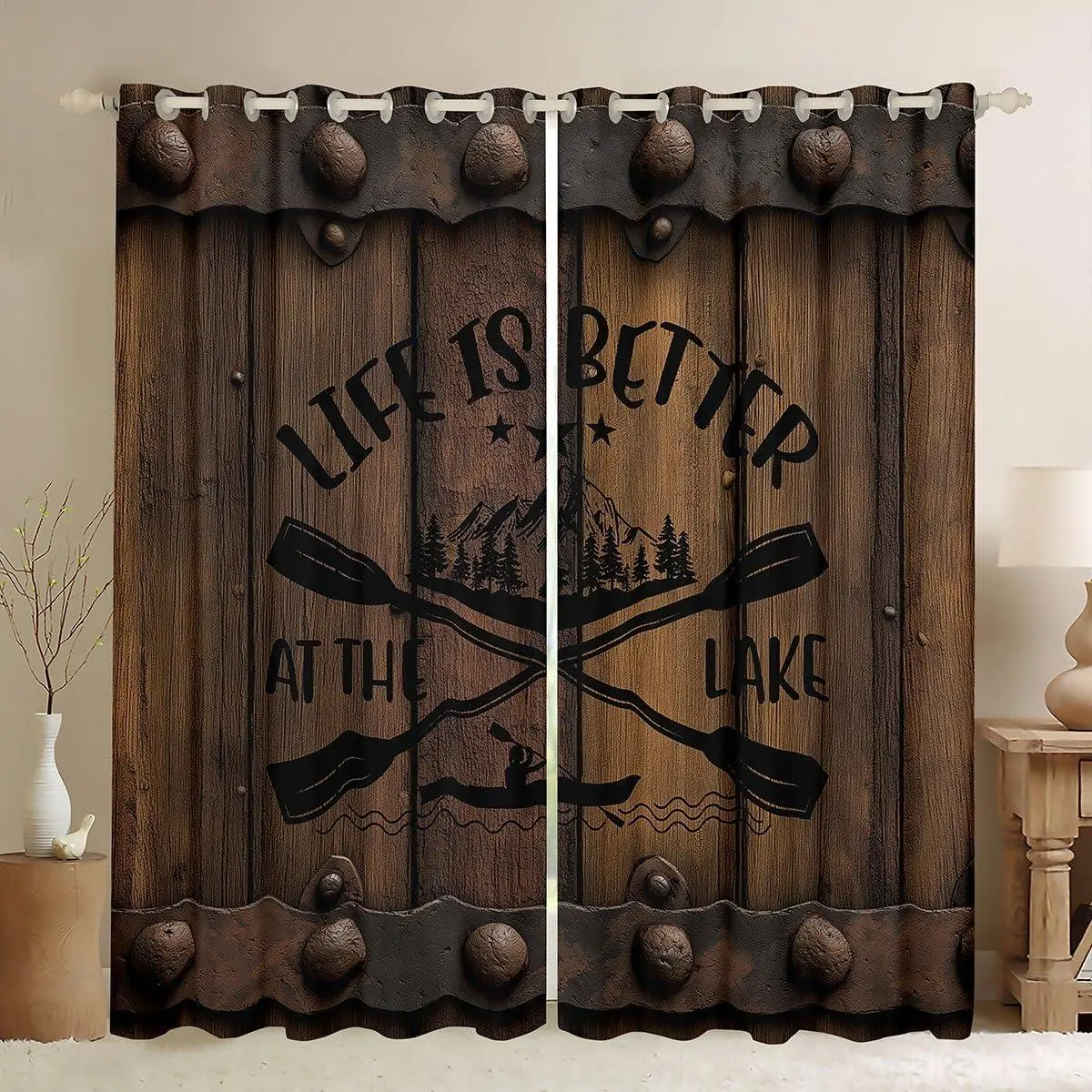 Lake Life Window Blackout Curtains,Vintage Wood Curtain,Rustic Farmhouse Window Drapes Young Man,Modern Bedroom Decorative,Lake Paddles Curtain
