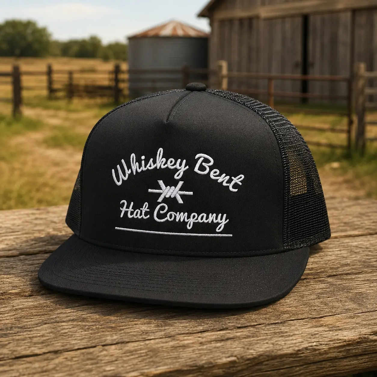 Black Whiskey Bent Hat Company Trucker Hat, Embroidered Mesh Snapback Cap, Flat Bill Adjustable Western Ranch Hat