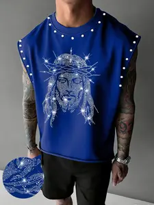 Men's Casual Simple Versatile Vest, American Vintage Top, Rhinestone Stud Design Sports Vest, Gym Workout Streetwear