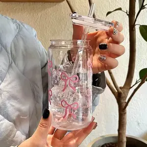 Viral Trending Bow Pattern 16oz Bobble Water Bottle with Lid & Straw, BPA Free Leak-Proof Reusable Clear Tumbler, Summer Ice Coffee Cup for Tea Juice Milk, Portable Drinkware for Office School Classroom Restaurant Daily Use, Ideal Back to School Gift