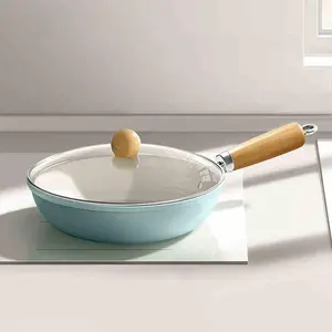 9.4 Inch Japanese Style Enamel Skillet Pan with Lid, Multi-Functional Flat Bottom Cookware for Induction & Gas Stoves, Durable Handle, Frying Pan