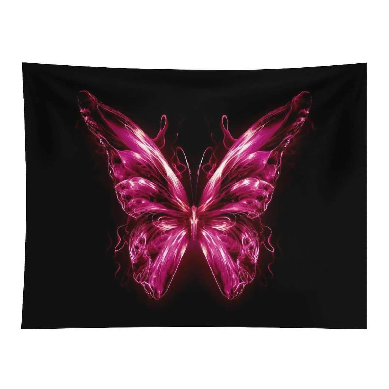Glowing Pink Crystal Butterfly Dark Background Tapestry, Neon Magical Insect Art Wall Hanging, Fantasy Aesthetic Room Ornament Decor