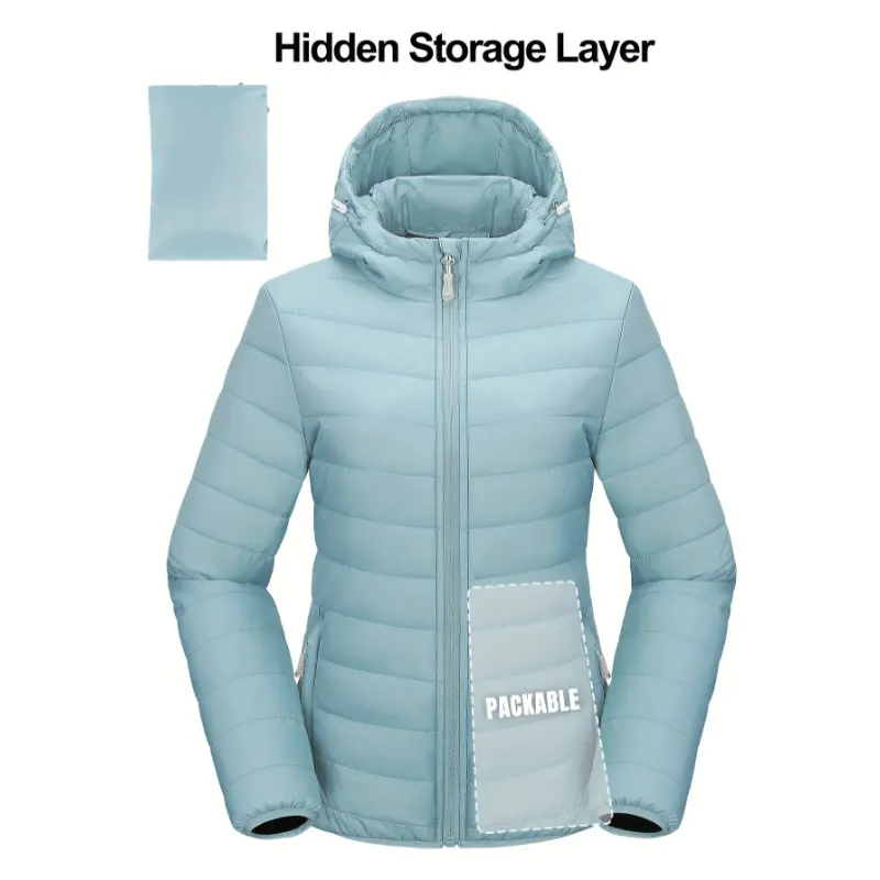 Women's Lightweight Packable Quilted Puffer Jacket with Hood - Full-Zip Winter Coat, Waterproof & Insulated, Teal Blue, Nylon Material, Machine Washable, Perfect for Outdoor Activities, Winter Jacket
