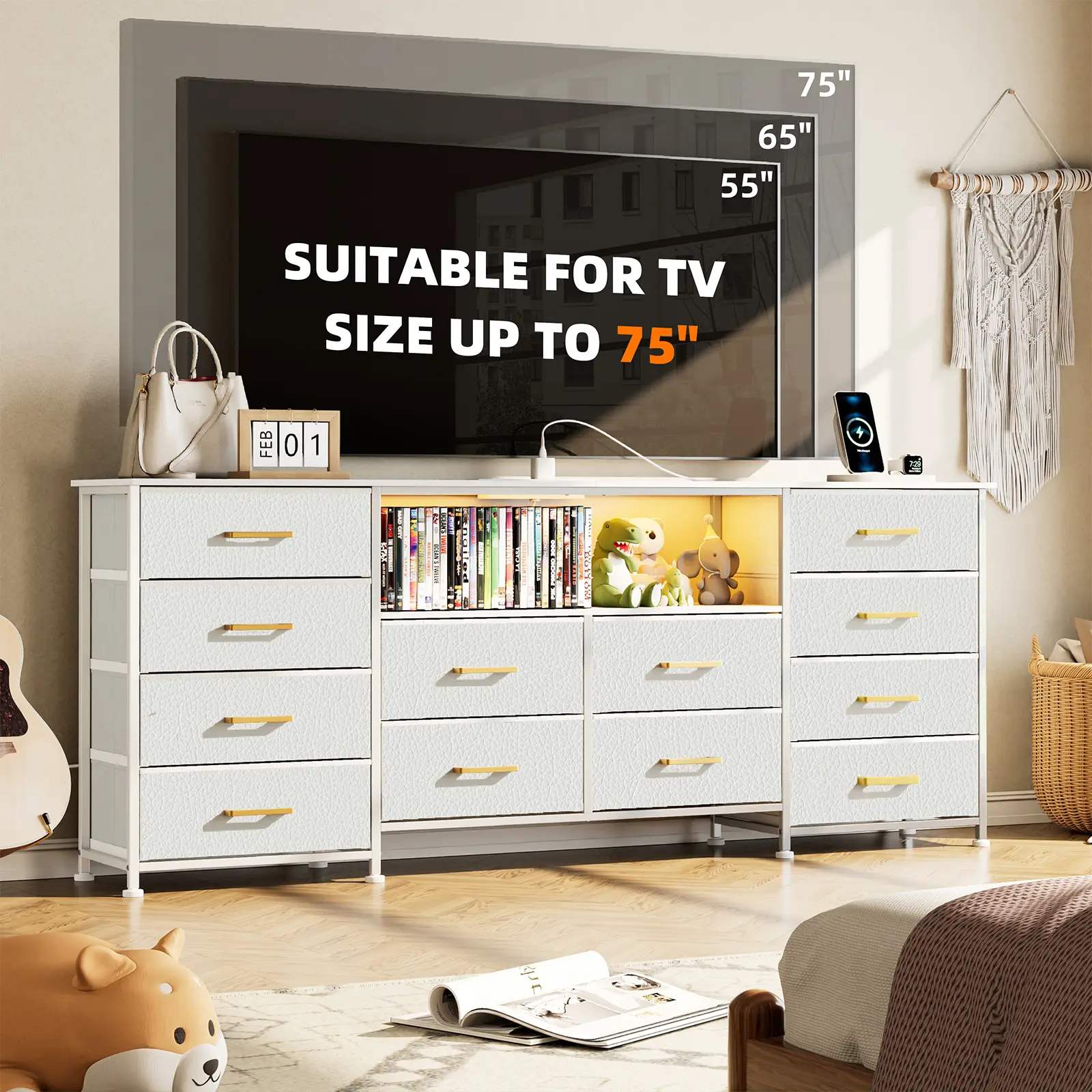 12 Drawer Dresser TV Stand With LED For 55''/65''/75'' TV, Long Dresser For Bedroom With 12 Deep Drawers, Wide Console Table For Storage In Closet, Li