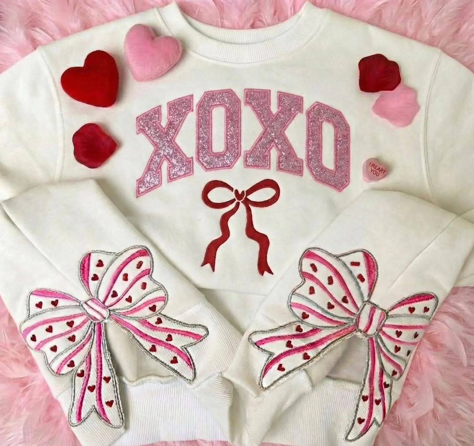 XOXO Side Bow Embroidered Sweatshirt, Valentine Side Bow, Valentine Crewneck Bow, Side Bow Shirt, Split Hem Valentine Sweatshirt, XOXO Shirt