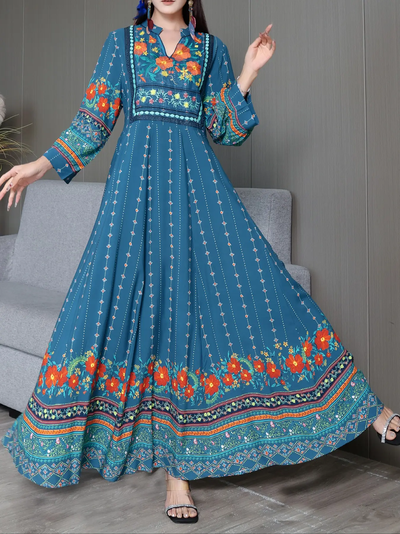 Women's Floral Pattern Long Dress, Boho Style Dress for Beach Holiday Vacation, Ladies Clothes for All Seasons