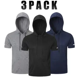 【Purchase One Size Larger】 3 Pack Solid Men's Lightweight Sports Short Sleeve Hoodie Workout Athletic Quick Dry Breathable Kangaroo Pocket Pullover Tops Bodybuilding Muscle T-Shirts for Gym Sweatshirt Running Outdoor Plus Size Activewear