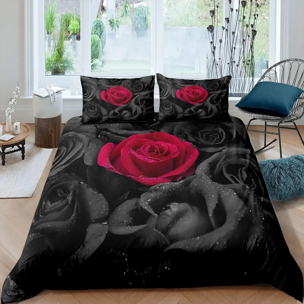 Feelyou Black and Red Duvet Cover - 3D Floral Roses Print Bedding Set, Decorative Quilt Bedding, No Comforter Included, Decorative Bedding, Quilt Bedding Set
