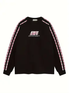 Men's American Vintage Colorblock Letter Embroidered Baggy Sweatshirt Pullover, Casual Fashion Round Neck Long Sleeve Top, Trendy Streetwear