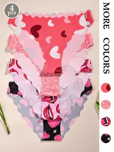 Women's Seamless Heart Print Panties, High Stretch Fitted Underwear, Comfortable Sleep & Commute Wear, All Seasons, Heart Pattern Brief