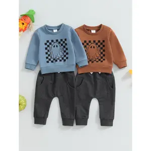 Toddler Boys Fall Outfits Checkerboard Ghost Print Crew Neck Long Sleeve Sweatshirts and Long Pants 2Pcs Halloween Clothes Set