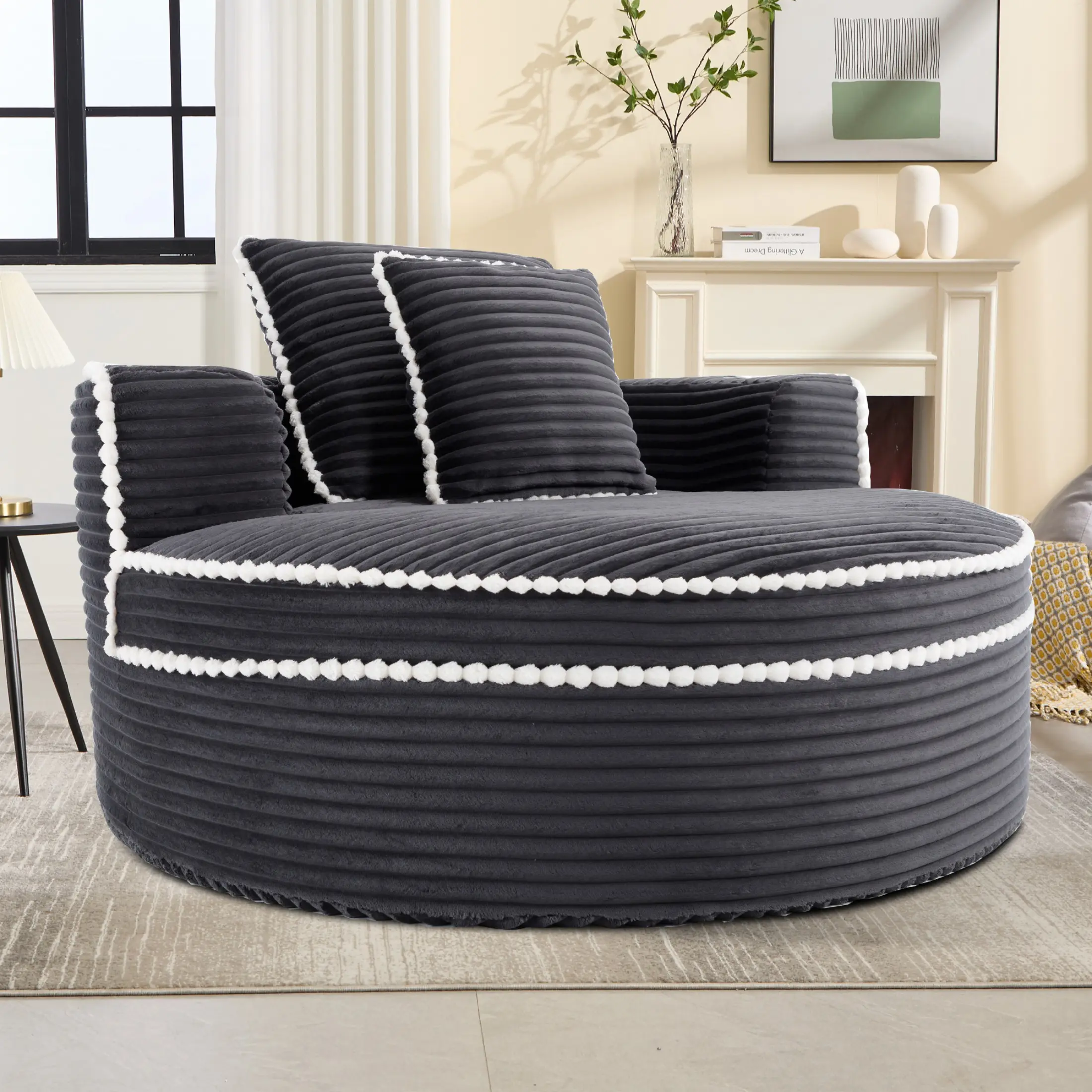 Dark Gray Cloud-Style Round Convertible Sofa Bed, Soft Memory Foam Sectional Leisure Couch with 3 Cushion Pillows, Multifunctional Living Room Furniture for Rest & Guest Accommodation