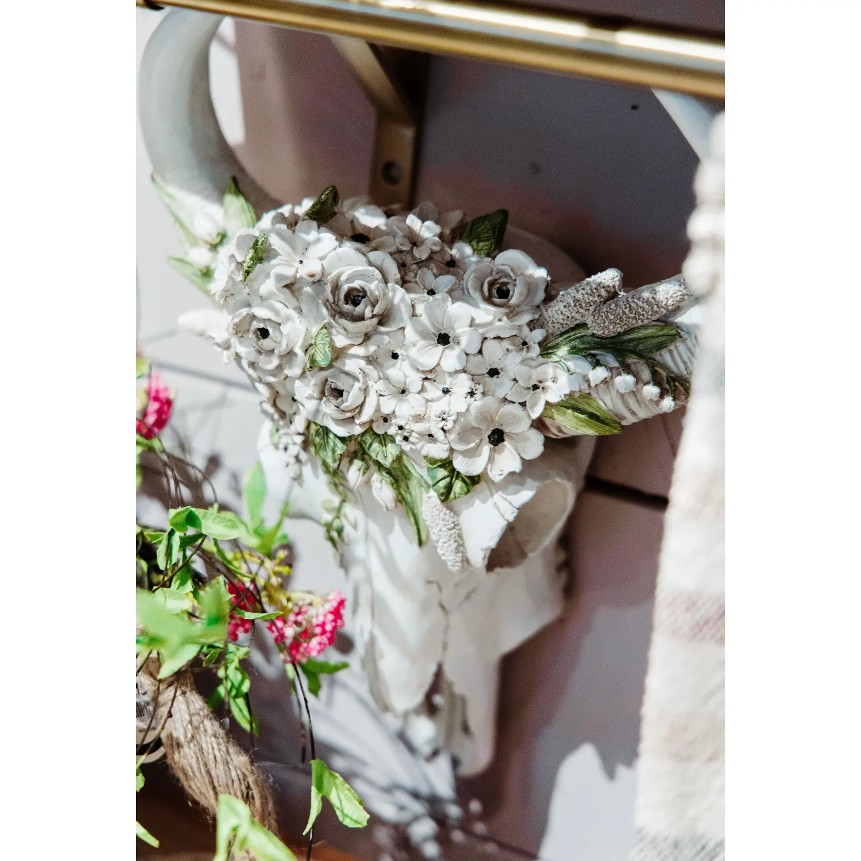 White Resin Textured Bull Scull with White Flowers