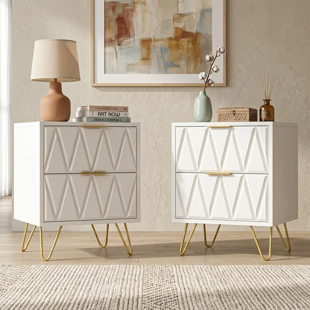 2-Piece Modern Accent End Table Set, Contemporary Luxury Metal-Tone 2-Drawer Bedside Tables with Golden Metal Legs, Stylish Indoor Furniture for Living Room, Bedroom, Modern Accent Table