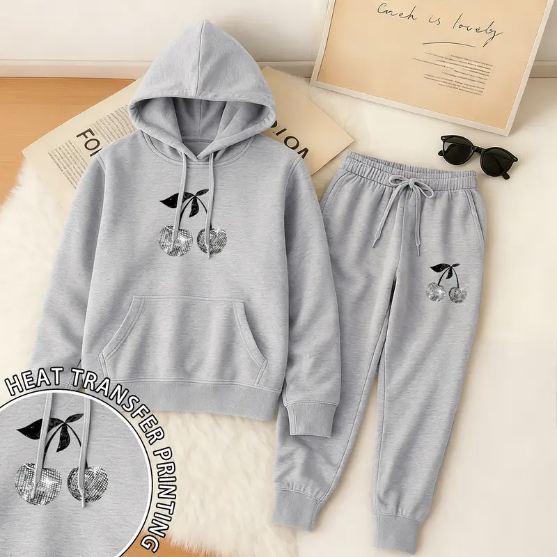 Women's Cherry Hoodie And Drawstring Track Pants Set, Casual Sportswear, Long-Sleeved Hooded Jacket And Pants, Suitable For Autumn And Winter, Everyday Wear, Indoor And Outdoor Sportswear, Sportswear Set, Casual Sportswear.