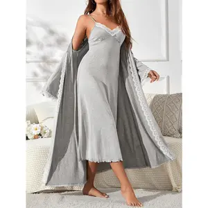 Women'S Elegant Lace Trim Robe & Camisole Set - Solid Color, Spaghetti Strap, Belted Design, All-Season Comfort, Casual Home Wear, Casual Attire, Casual Style, Comfortable Clothing