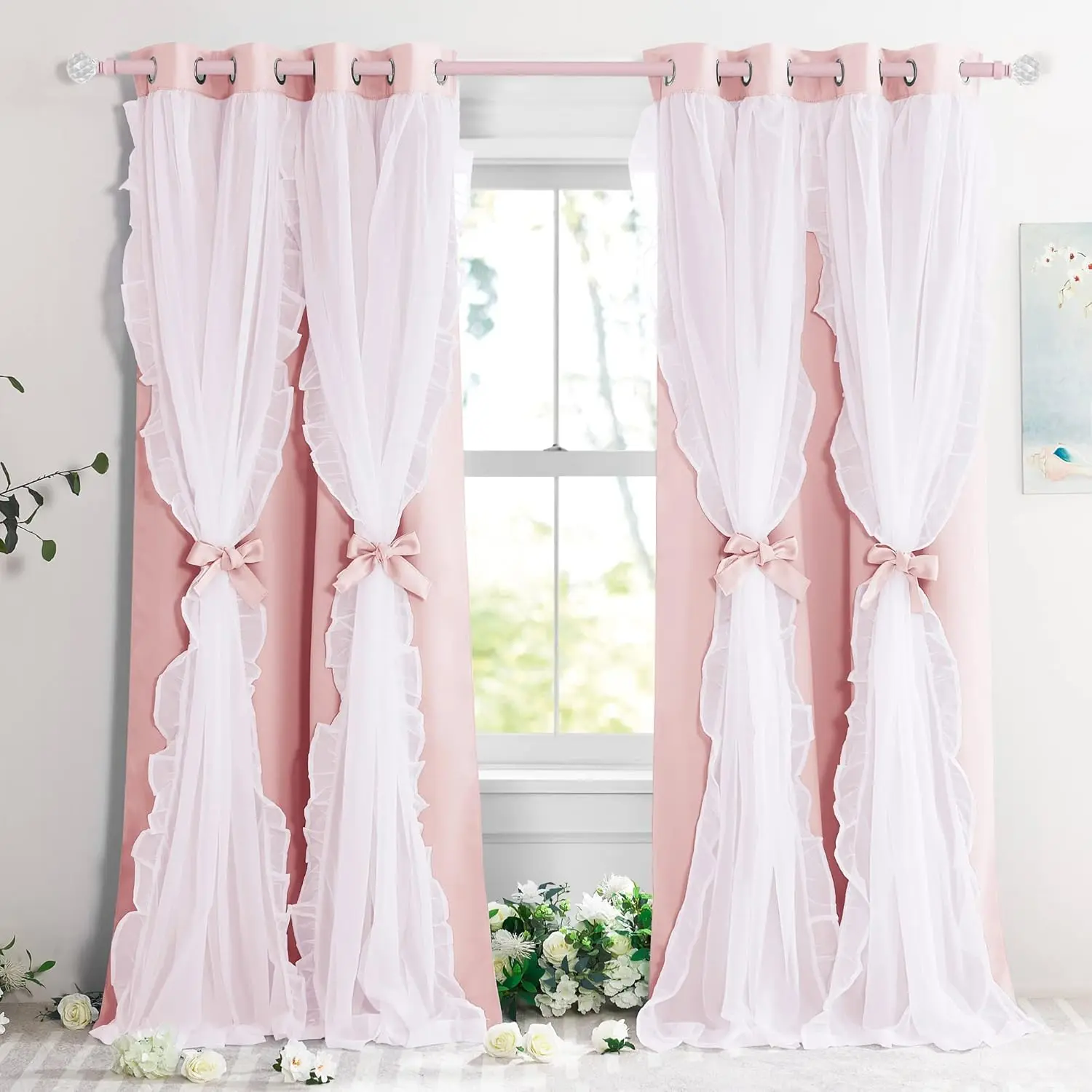 Double-Layered Blush Pink Ruffle Sheer Overlay Polyester Curtains, 52w x 84l (Pack of 2) 52x84 in - Coquette Princess Look, Room-Darkening, Sound-Muffling Drapes for Girls' Bedroom, Hang-Dry Compatible Home Supplies