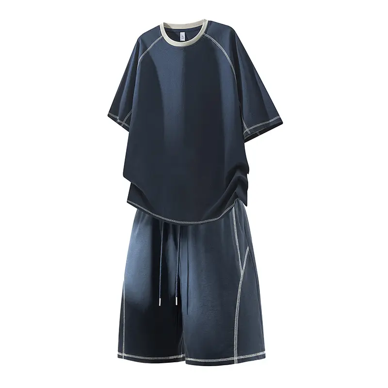 Men's Contrast Stitch Raglan Sleeve Tee & Drawstring Waist Shorts Two Piece Matching Set, Crew Neck Curved Hem Relaxed Silhouette Co-Ord Outfit For Sports Training Summer Daily Street Outdoor Leisure Activities#SummerWins