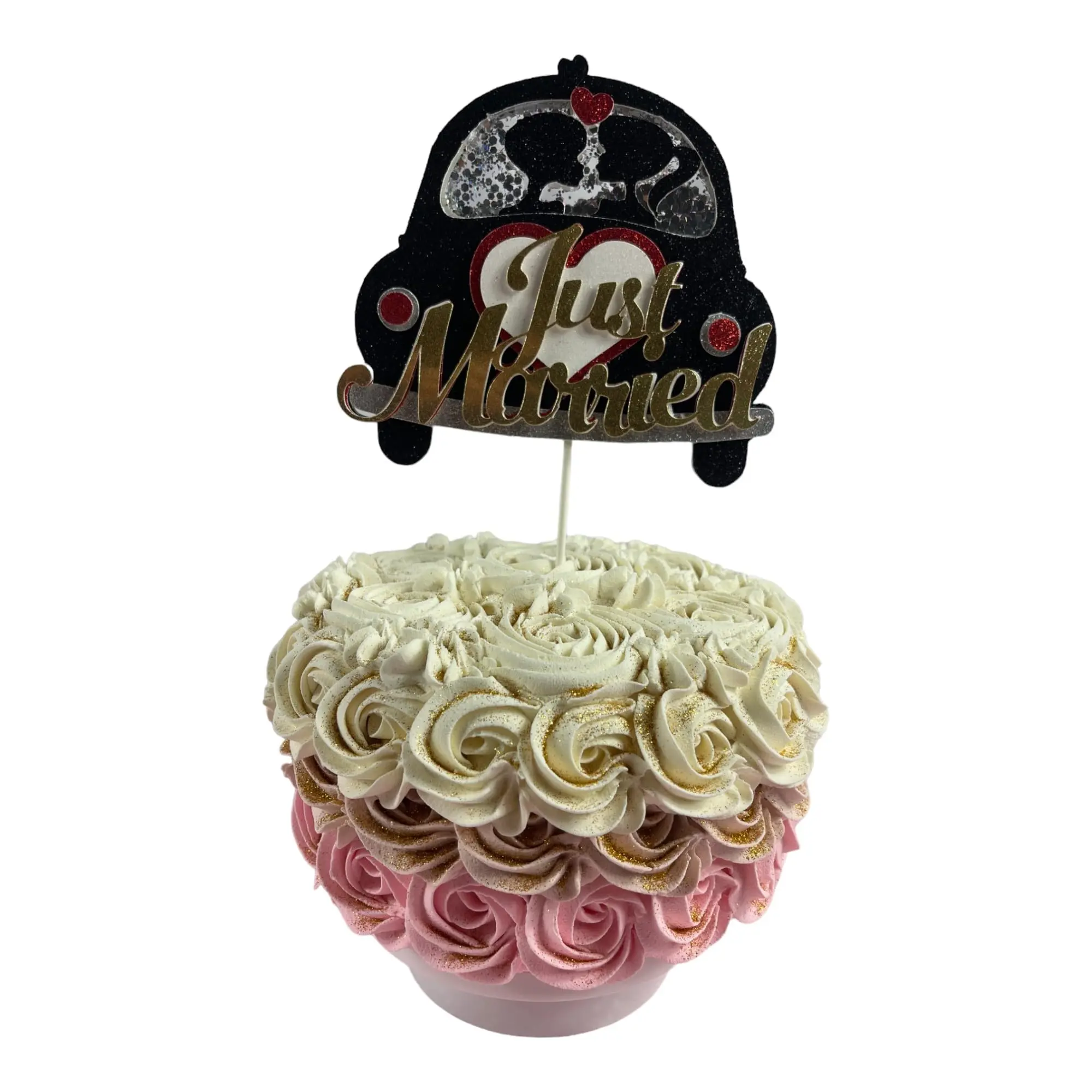 Creativity Shimmers Just Married Wedding Cake Topper Multilayered Black Gold Glitter Design, Handmade, Sturdy, Pre-assembled, Safe, Reusable