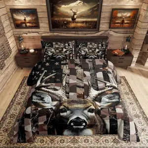 Feelyou Reversible Deer Print Microfiber Quilt Bedding Set - Soft Comfy All-Seasons Bedding, Animal Design for Boys with American Flag Camo Linens, Wildlife Elk Moose, Western Home Decor Comfy Bed Setup