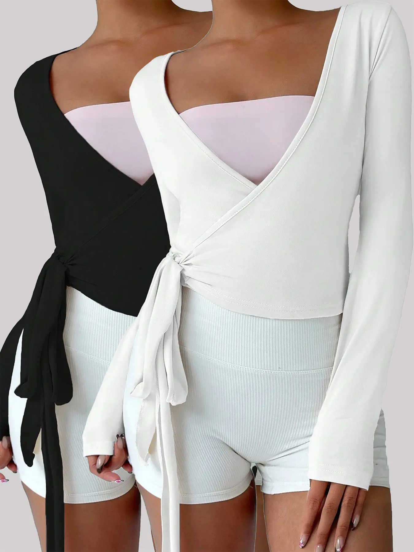 Women's Multi-Color Yoga Fitness Sport Cardigan-style V-Neck Tie-Waist Long-Sleeve Fitted Crop Top Two-Piece Set, Casual Sportswear Outfit, Athleisure Outfits, Item for Spring and Autumn, Matching Workout Set, Athletic Sportswear