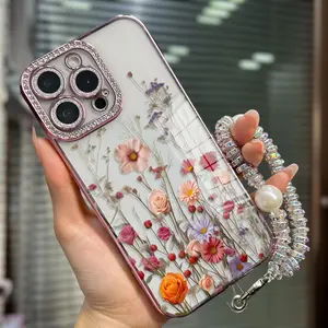 Sparkly Design Transparent Phone Cases with Chain Lens Protector TPU Soft Shell for iPhone 12 13 14 15 Plus 16 Pro Max 2025 Full Cover  Cover Protective  Shockproof Protection Casing