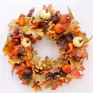 Artificial Plastic Pine Cone, 30cm Outdoor Front Door Fall Wreath, Pumpkin & Maple Leaf Design, Perfect for Halloween & Thanksgiving Decorations