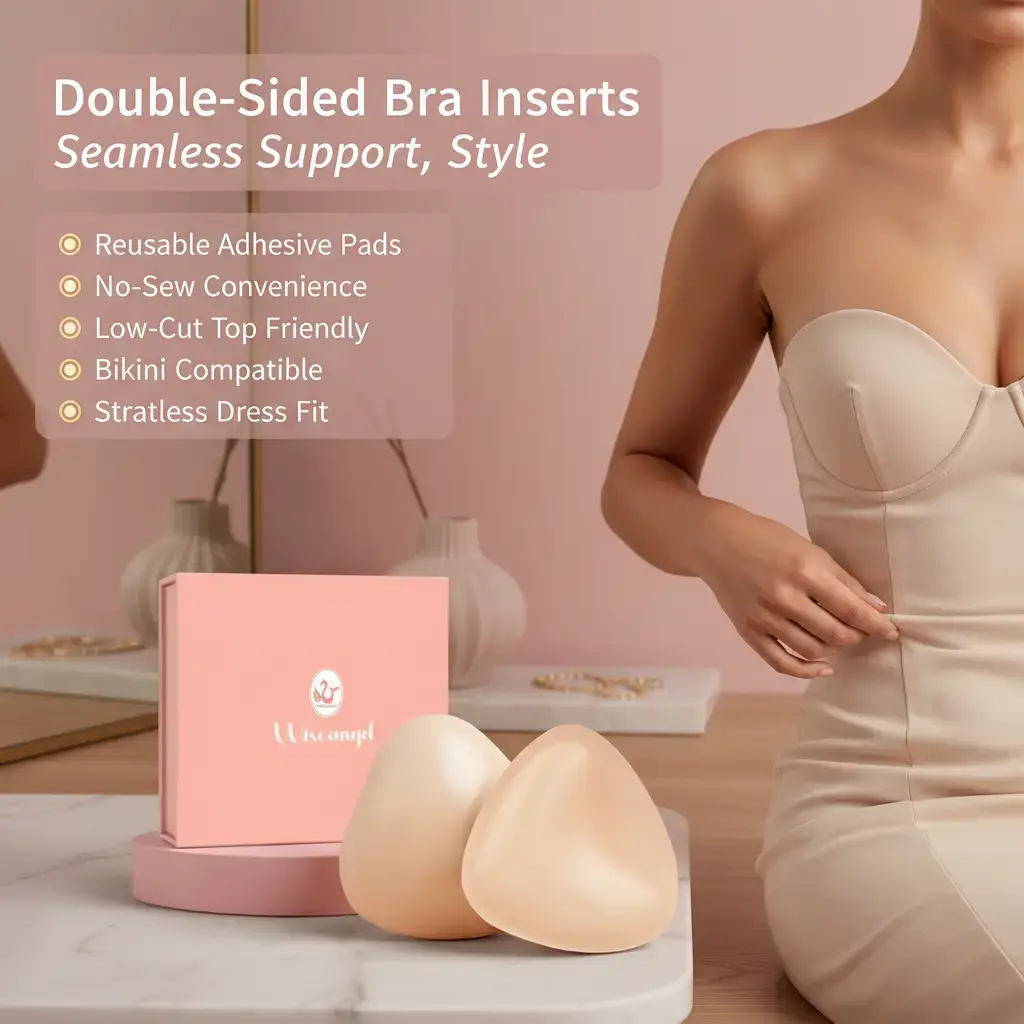 Wise Angel Double-Sided Sticky Push-Up Bra Inserts for Women, Reusable No-Sew Triangle Adhesive Pads for Low-Cut Tops, Bikinis, Backless and Strapless Dresses, 1 Pair