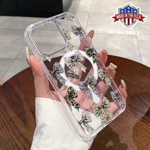 Magnetic Soft Case for iPhone 15 16 14 Pro Max 13 12 11 XR XS Plus E Camouflage Bow Delight Pattern Anti-Yellowing Shockproof ultra-thin Silicone Crystal Transparent Acrylic Large Hole Cover Supports Wireless Charging